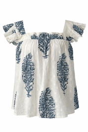 White dress with blue floral patterns and ruffled sleeves on a white background