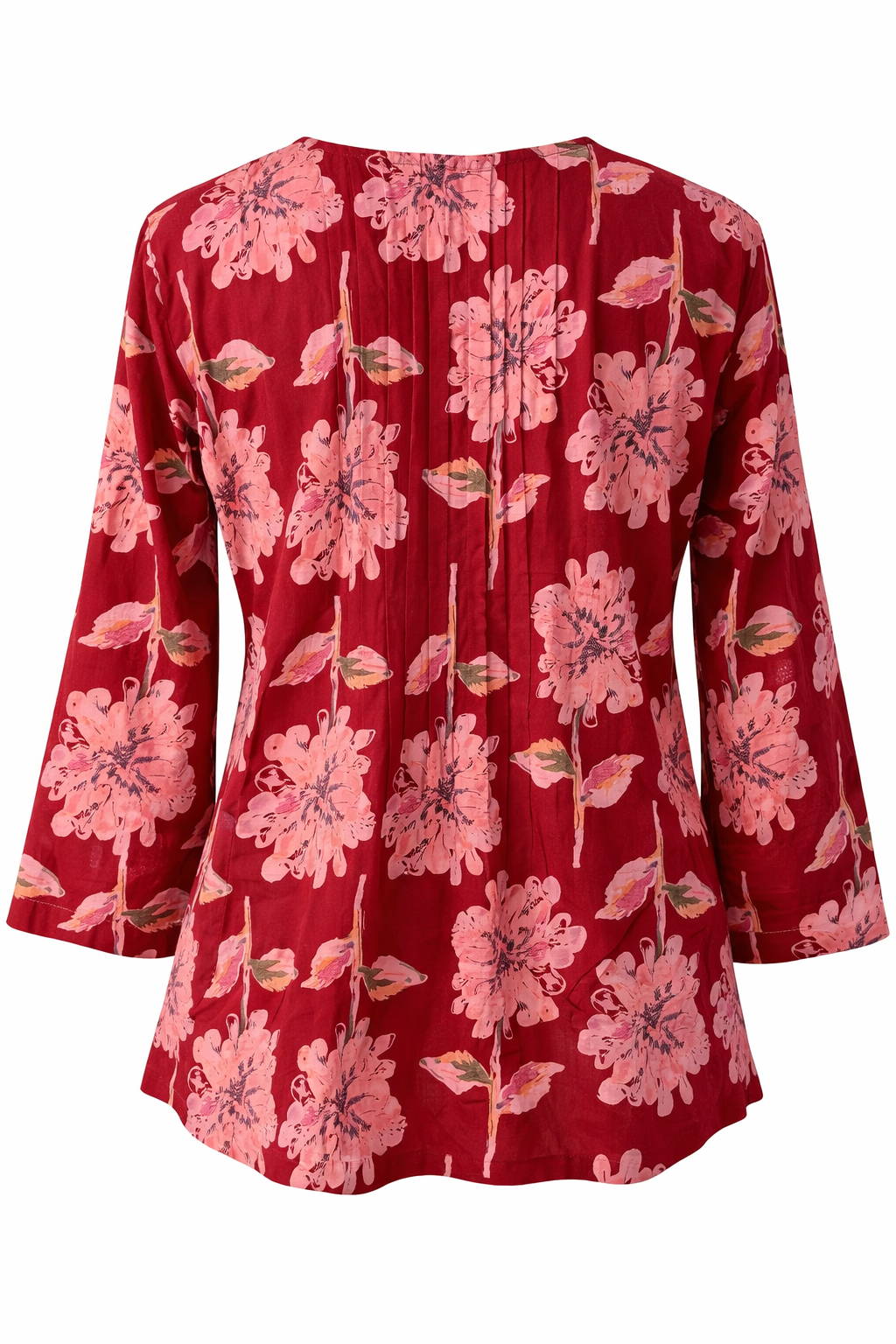 Red blouse with pink floral pattern on a white background