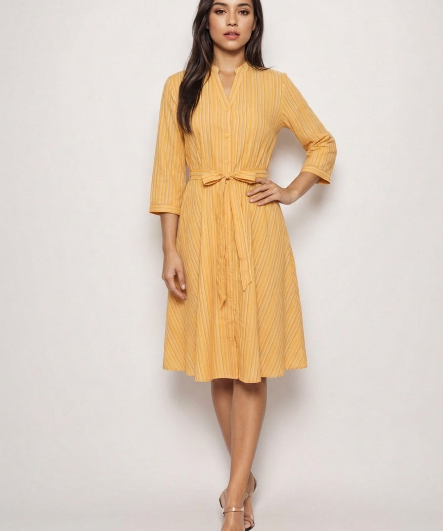 Cotton midi dress with mandarin collar and vertical stripes