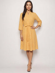 Cotton midi dress with mandarin collar and vertical stripes
