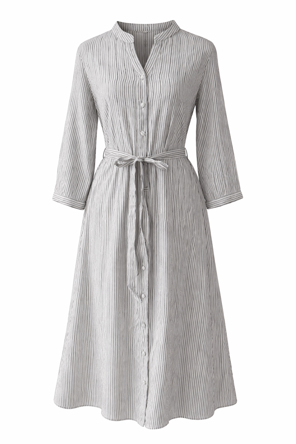 Gray and white striped dress with a belt on a white background