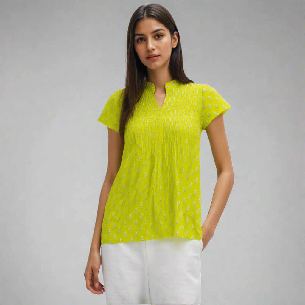 cotton pintuck floral blouse with short sleeves