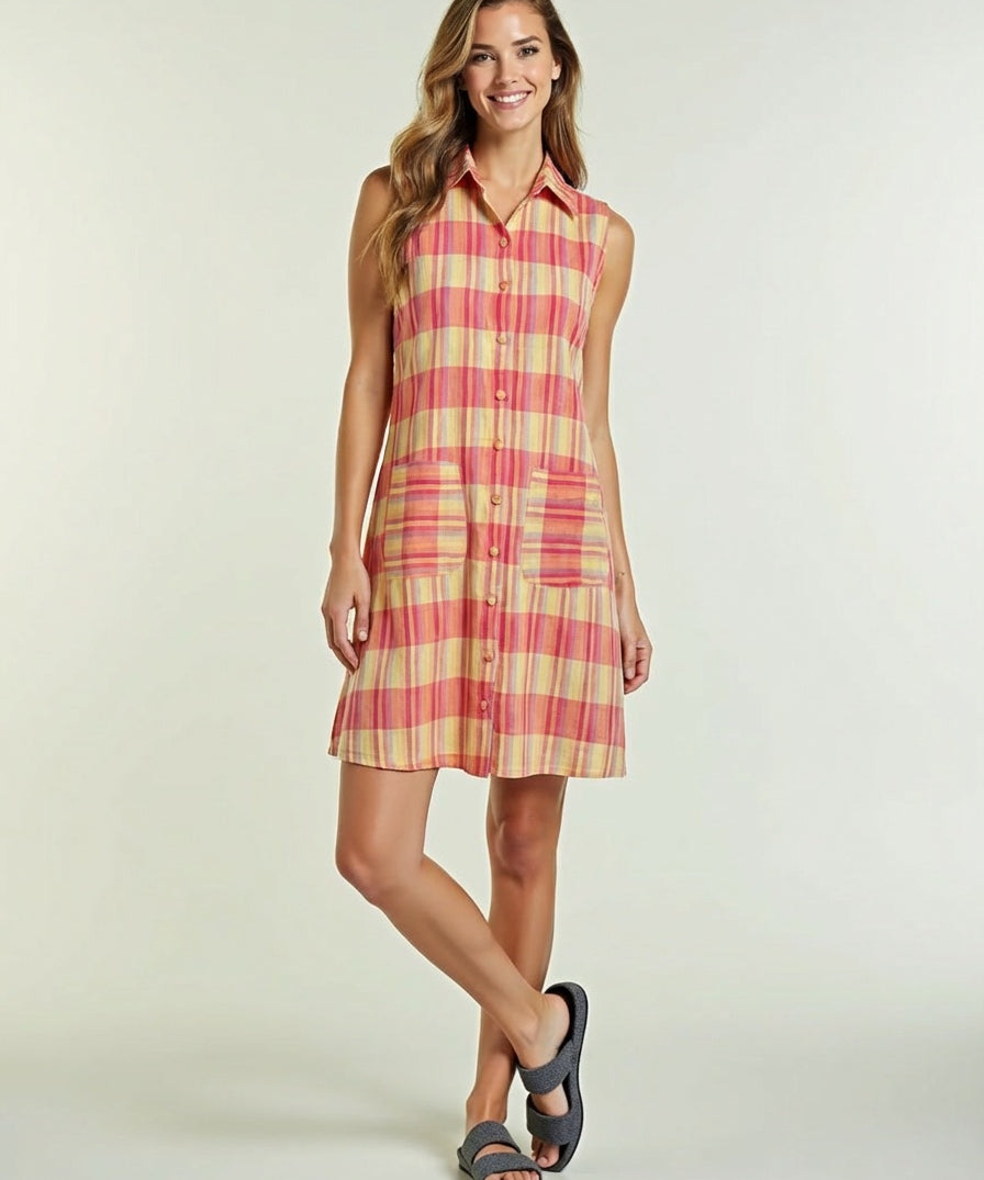 Breathable cotton plaid midi shirt dress for casual summer wear