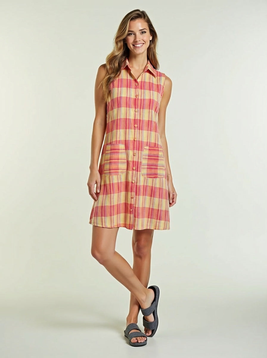 Breathable cotton plaid midi shirt dress for casual summer wear