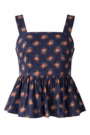 Navy blue dress with floral pattern on a white background