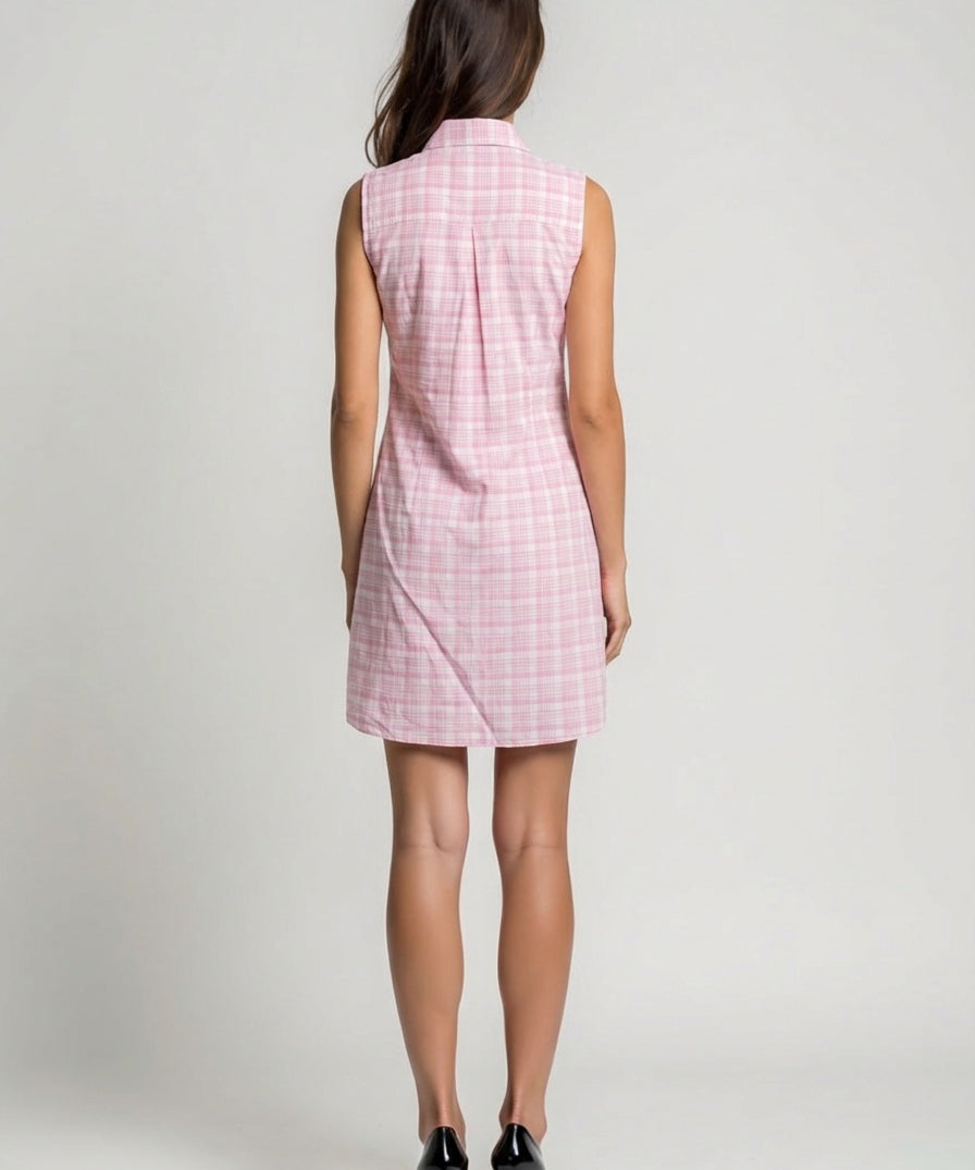 Sleeveless cotton midi shirt dress with red and yellow plaid pattern