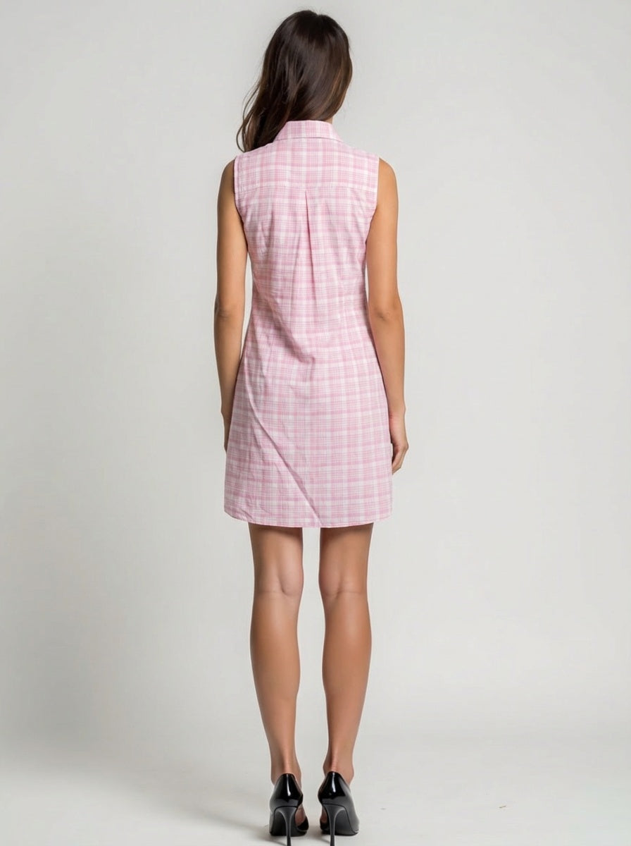 Sleeveless cotton midi shirt dress with red and yellow plaid pattern