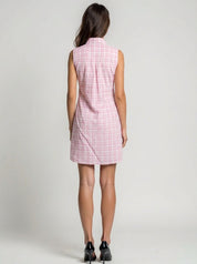 Sleeveless cotton midi shirt dress with red and yellow plaid pattern