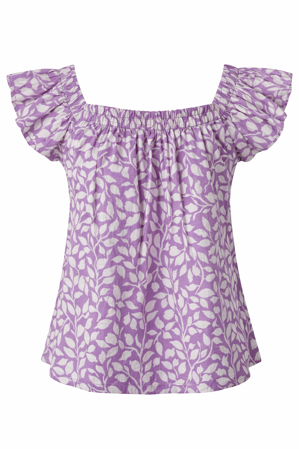 Purple blouse with white floral pattern on a white background
