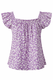 Purple blouse with white floral pattern on a white background