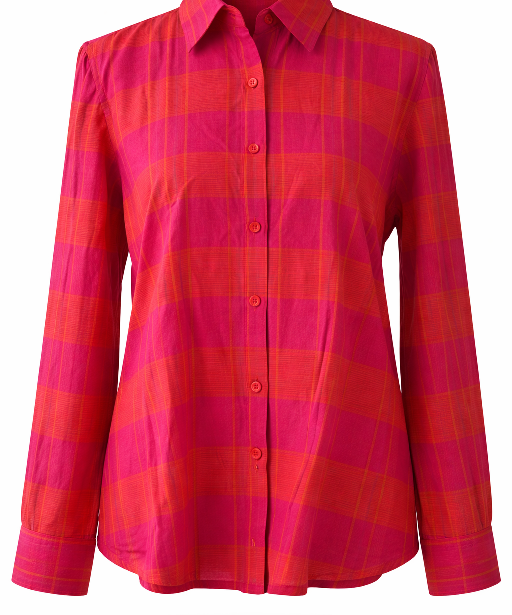 Red and pink plaid shirt full hands cover women dress top