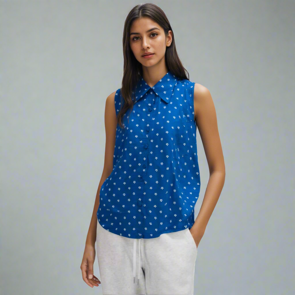 cotton sleeveless collared floral print top