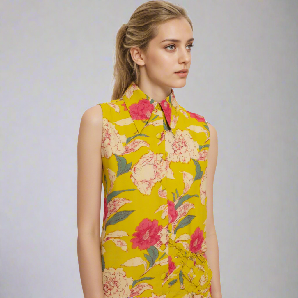 cotton sleeveless collared floral print top