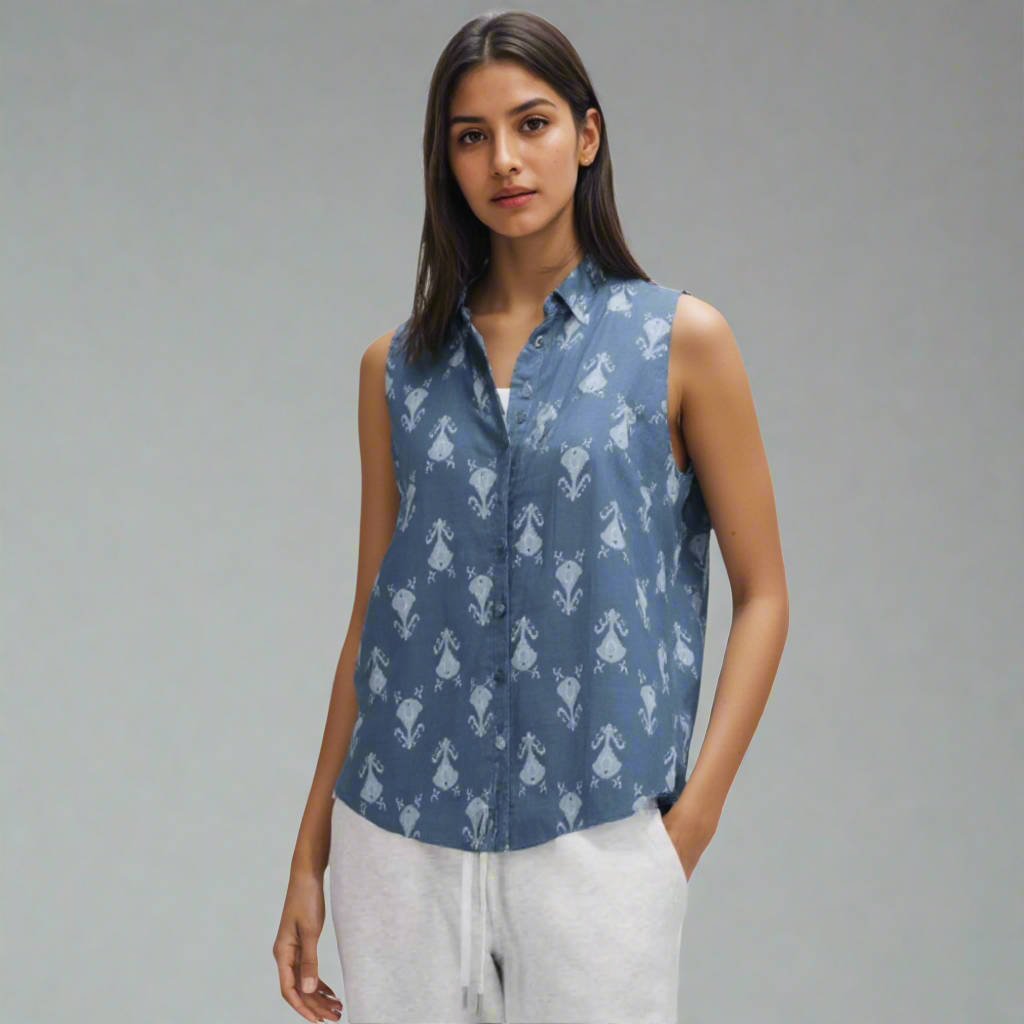 cotton sleeveless collared ikat print top
