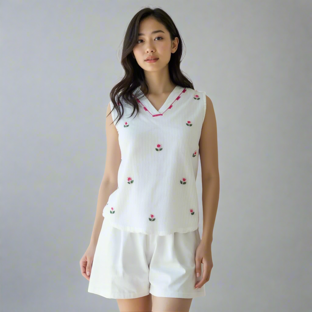 cotton sleeveless embroidered floral top