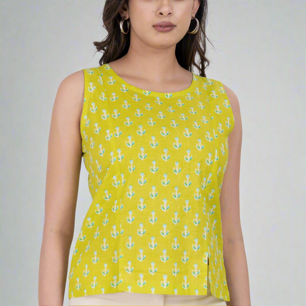 cotton sleeveless floral block print tunic