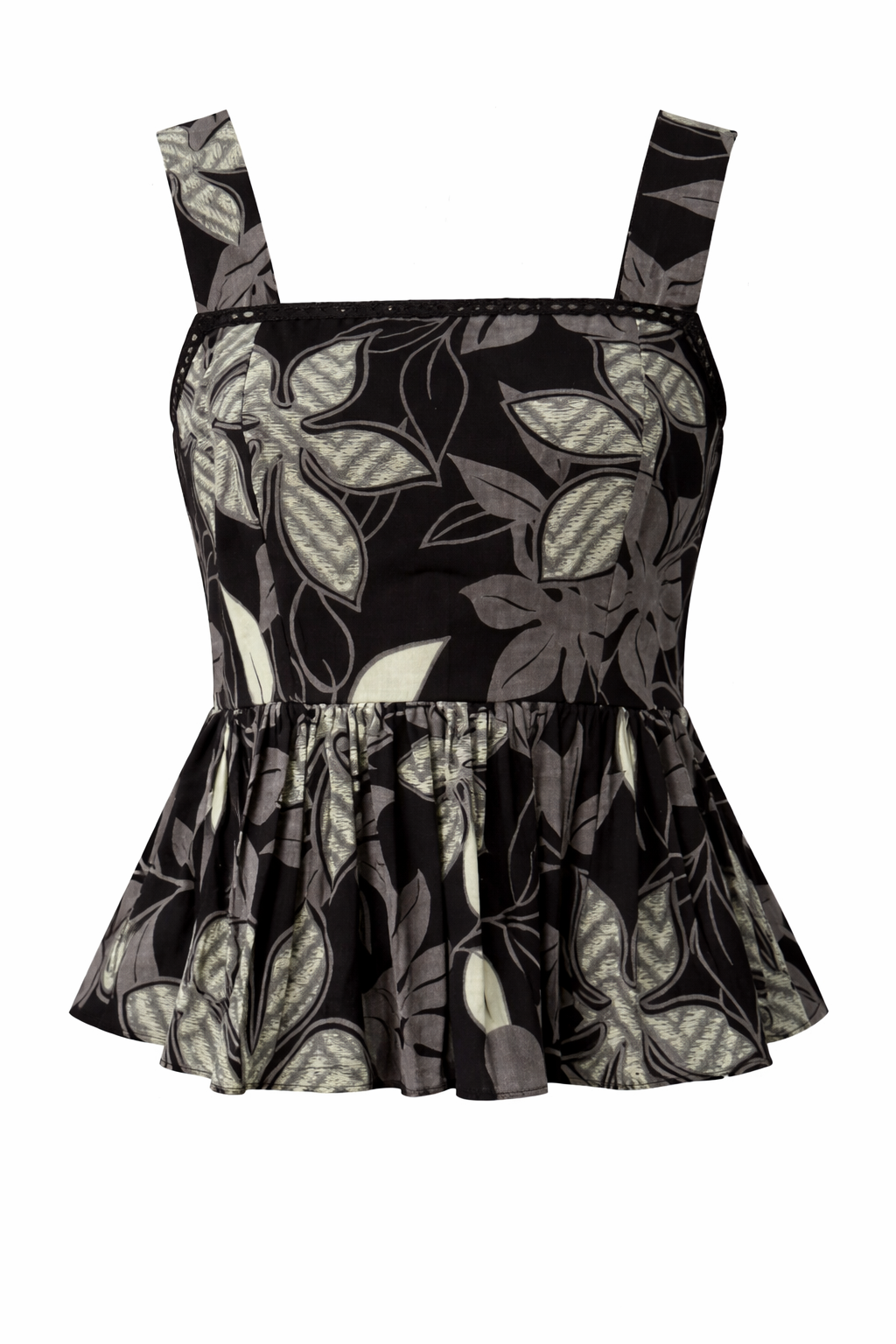 Black and gray leaf-patterned dress on a white background