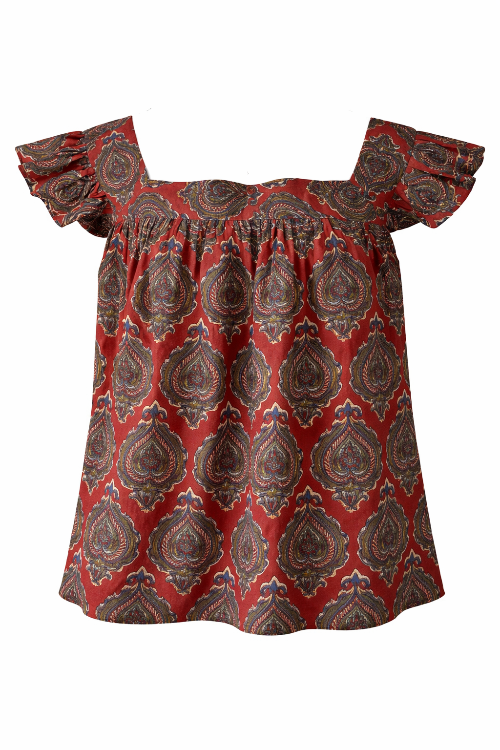Red patterned blouse with ruffled sleeves on a white background