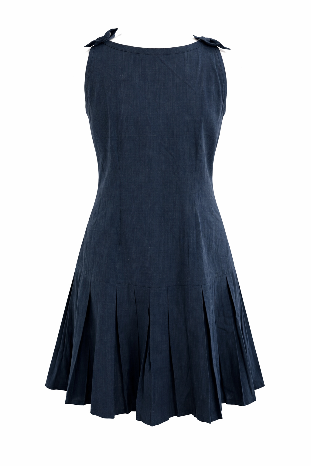 Navy blue sleeveless dress with pleated skirt on a white background