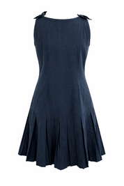 Navy blue sleeveless dress with pleated skirt on a white background