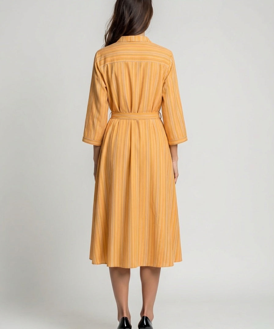 Cotton pinstripe midi dress with three quarter sleeves