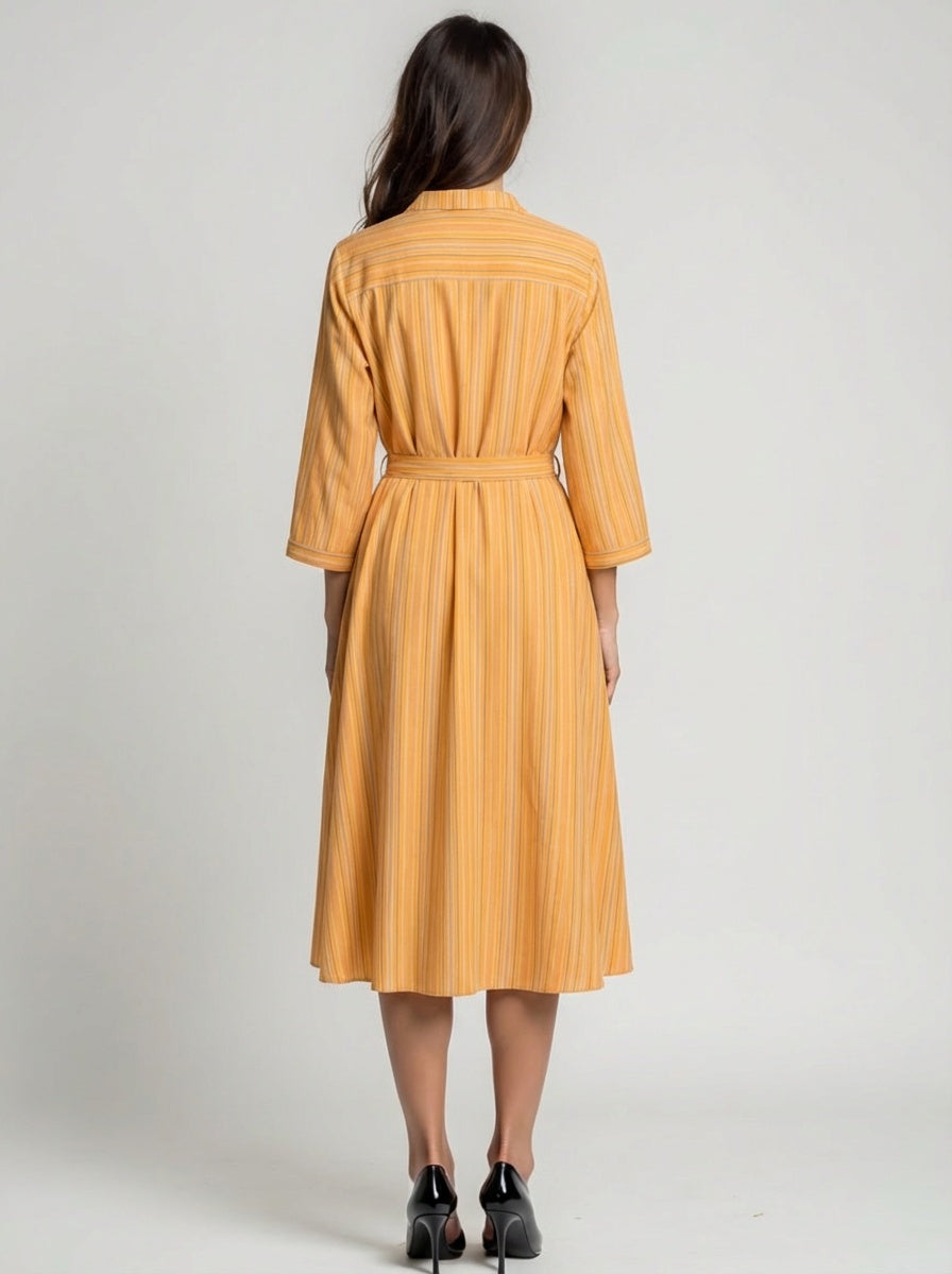 Cotton pinstripe midi dress with three quarter sleeves