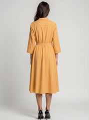 Cotton pinstripe midi dress with three quarter sleeves