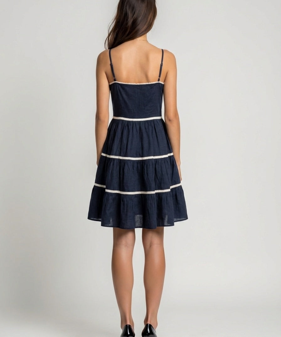 Cotton tiered mini dress with lace trim inserts
