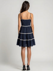 Cotton tiered mini dress with lace trim inserts
