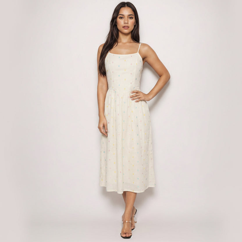 Cream cotton dobby midi dress with textured weave