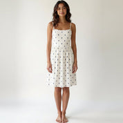 Cream cotton midi dress with navy diamond leaf print