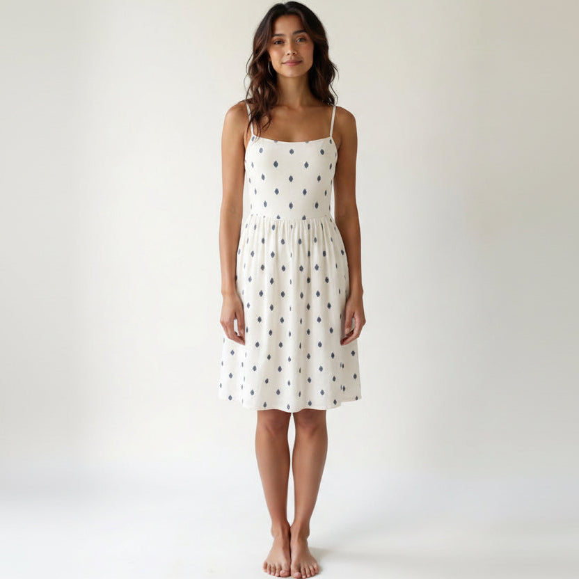 Cream cotton midi dress with navy diamond leaf print