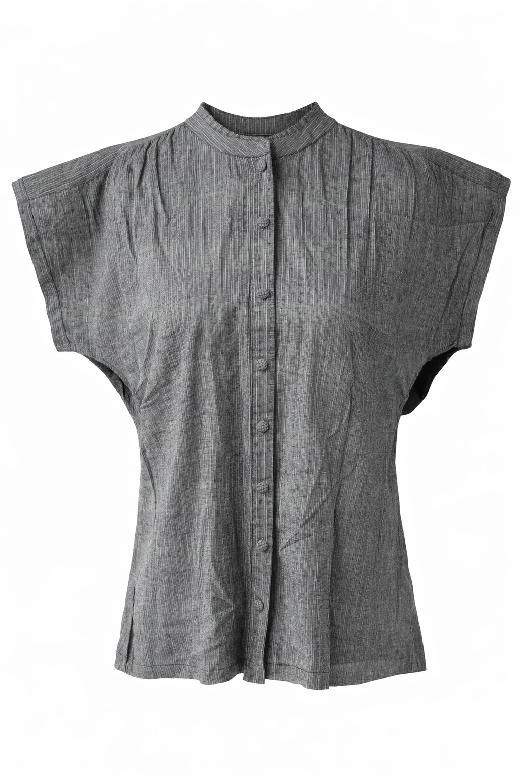 Gray sleeveless blouse with a button front on a white background
