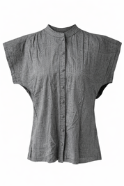 Gray sleeveless blouse with a button front on a white background