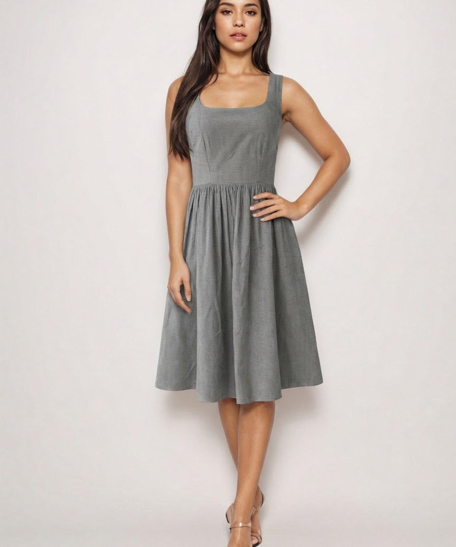 Dark gray handwoven cotton mini dress with classic stripe pattern