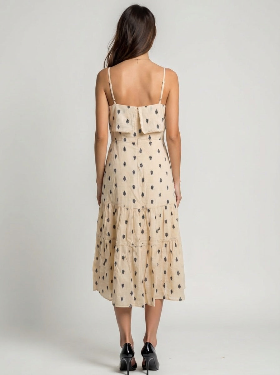Cotton midi dress with double-layered bodice and popover ruffle
