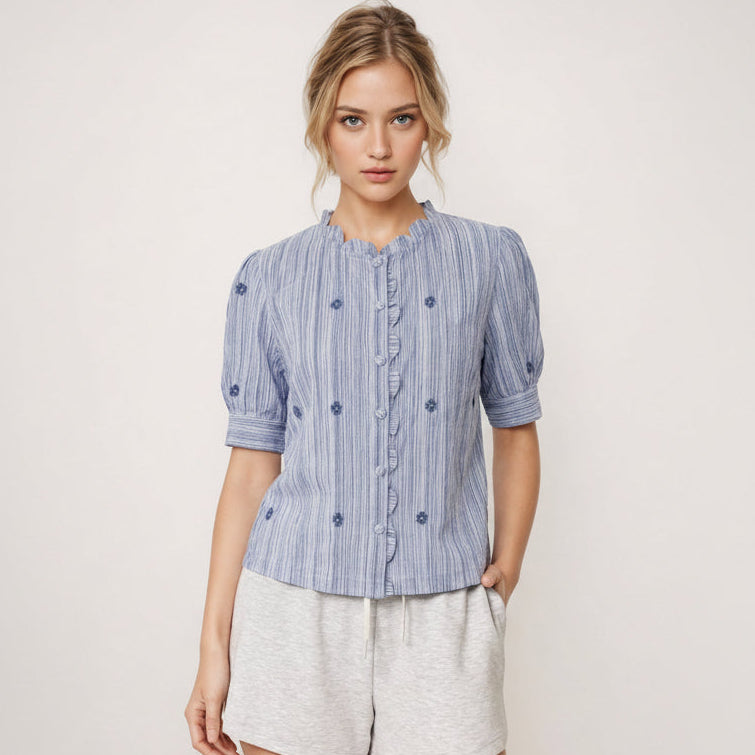 Dusty blue handwoven cotton blouse with dark blue floral print