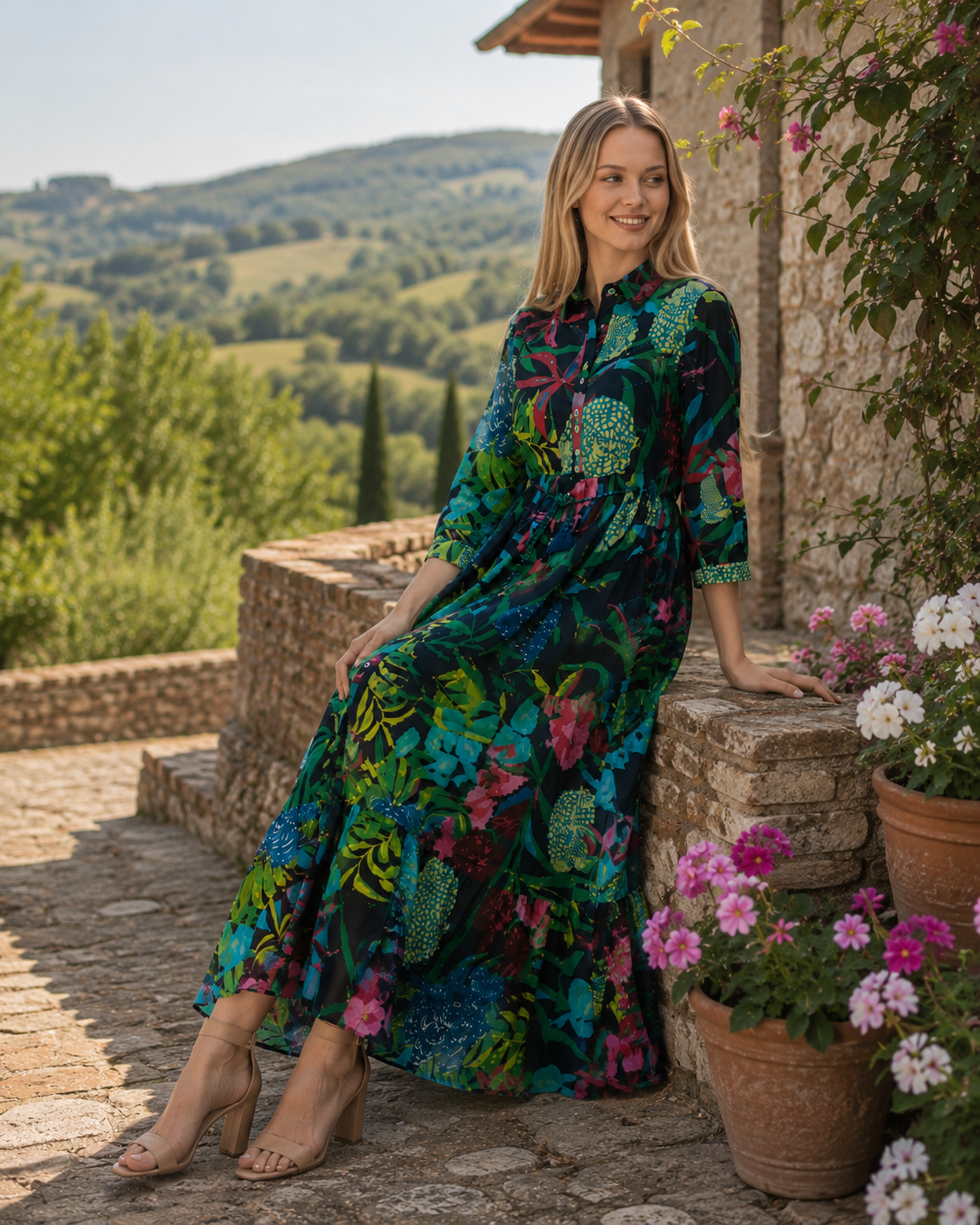 Floral Tropical Print Maxi Dress | Women's Boho Summer Shirt Dress | Vacation Dress
