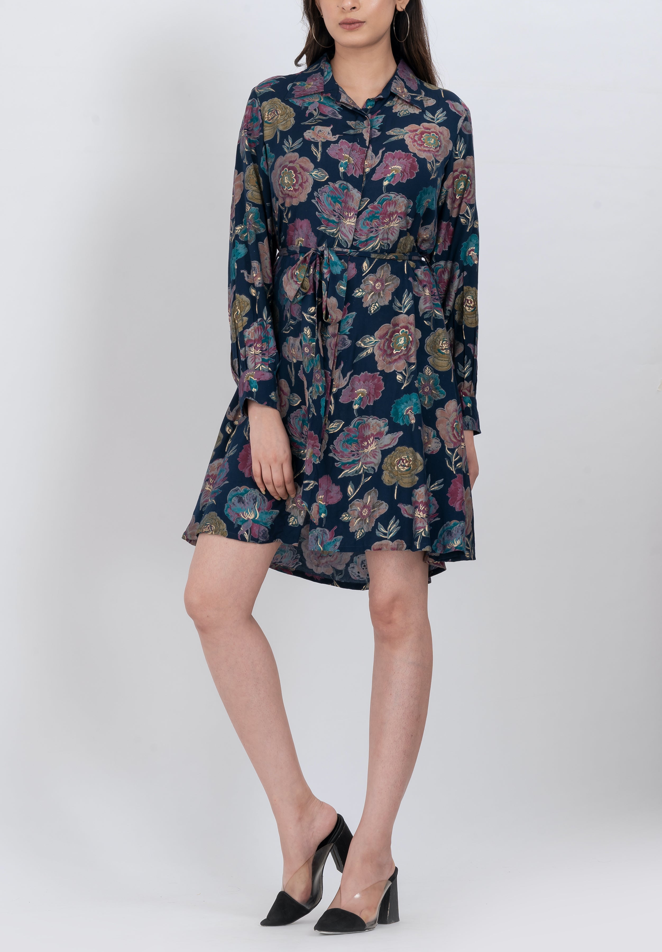 Boho floral collared mini dress with botanical print