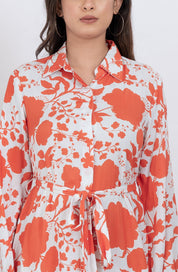 Elegant floral shirt mini dress with adjustable waist tie
