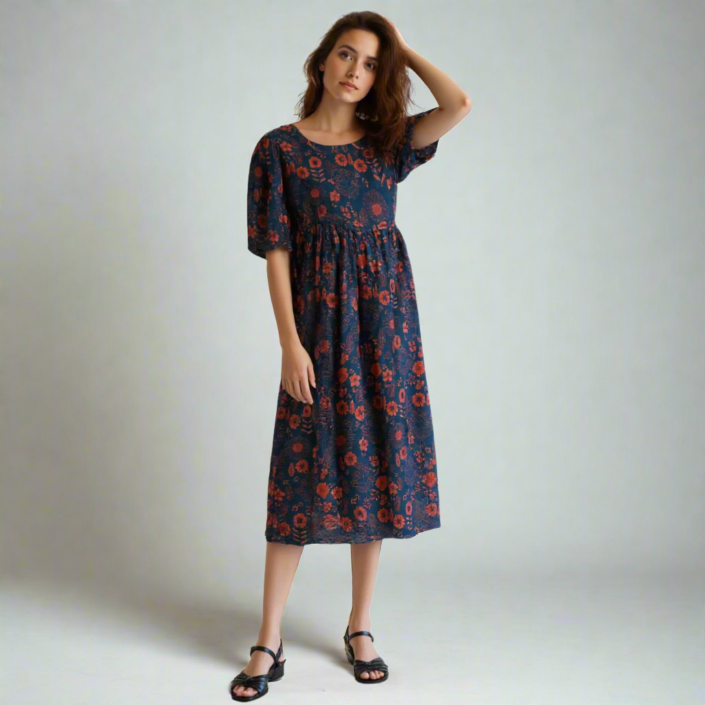 Everyday cotton midi dress with floral print, puff sleeves, and relaxed summer 
