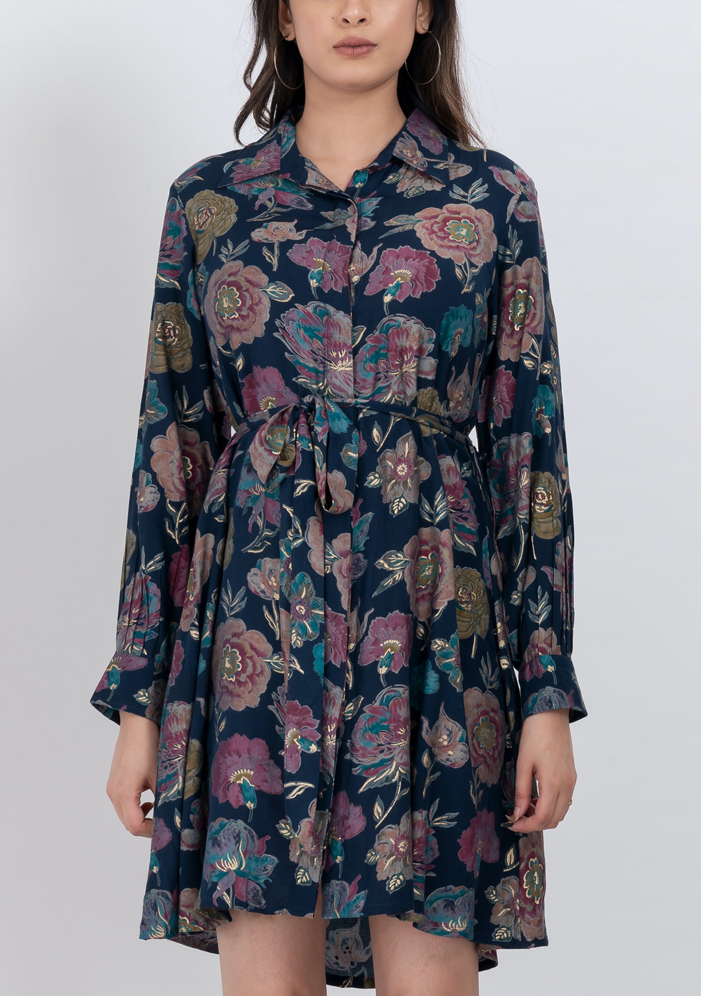 Lightweight floral long sleeve shirt dress for casual chic