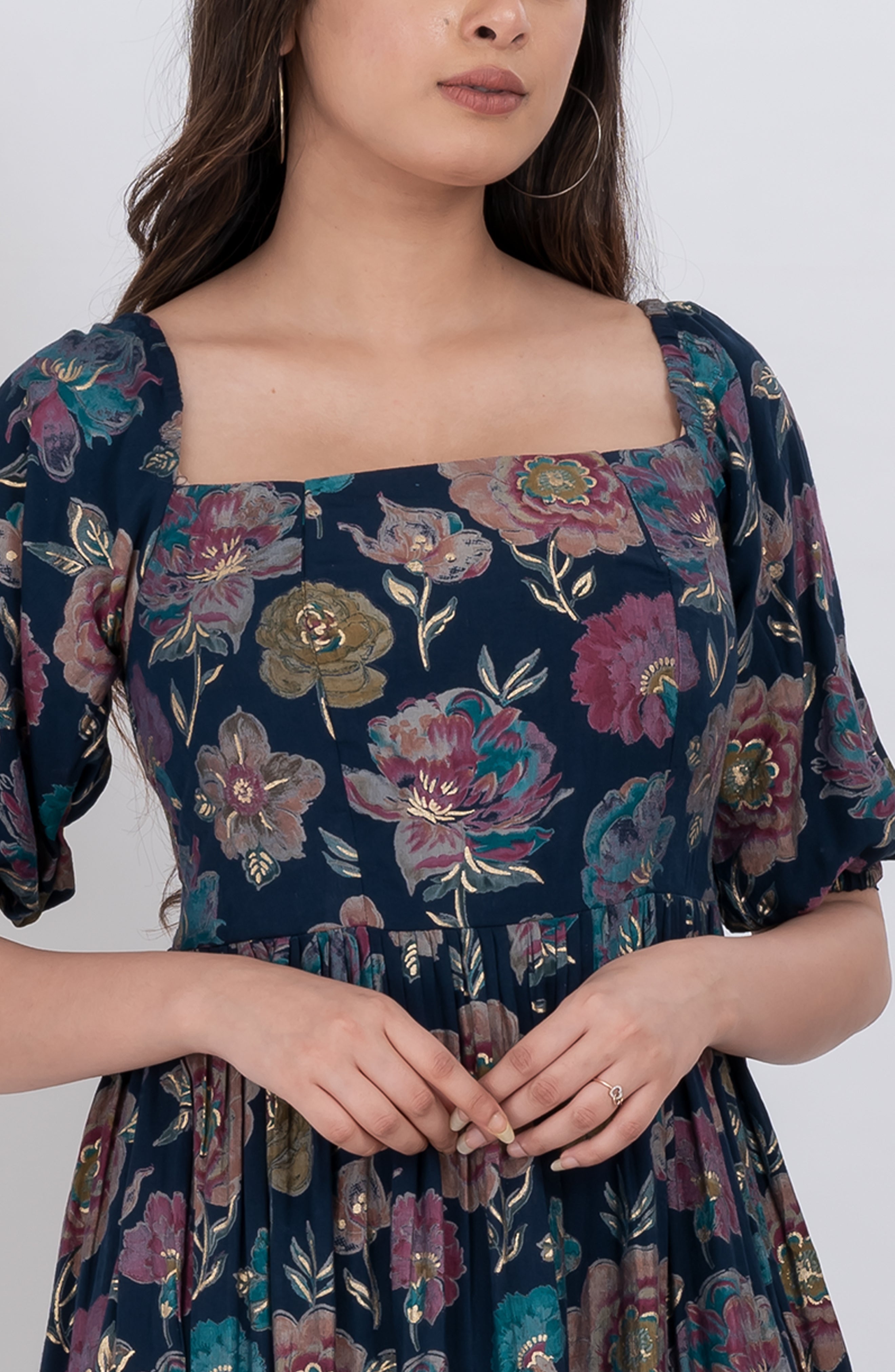Brunch style floral square neck mini dress with puff sleeves