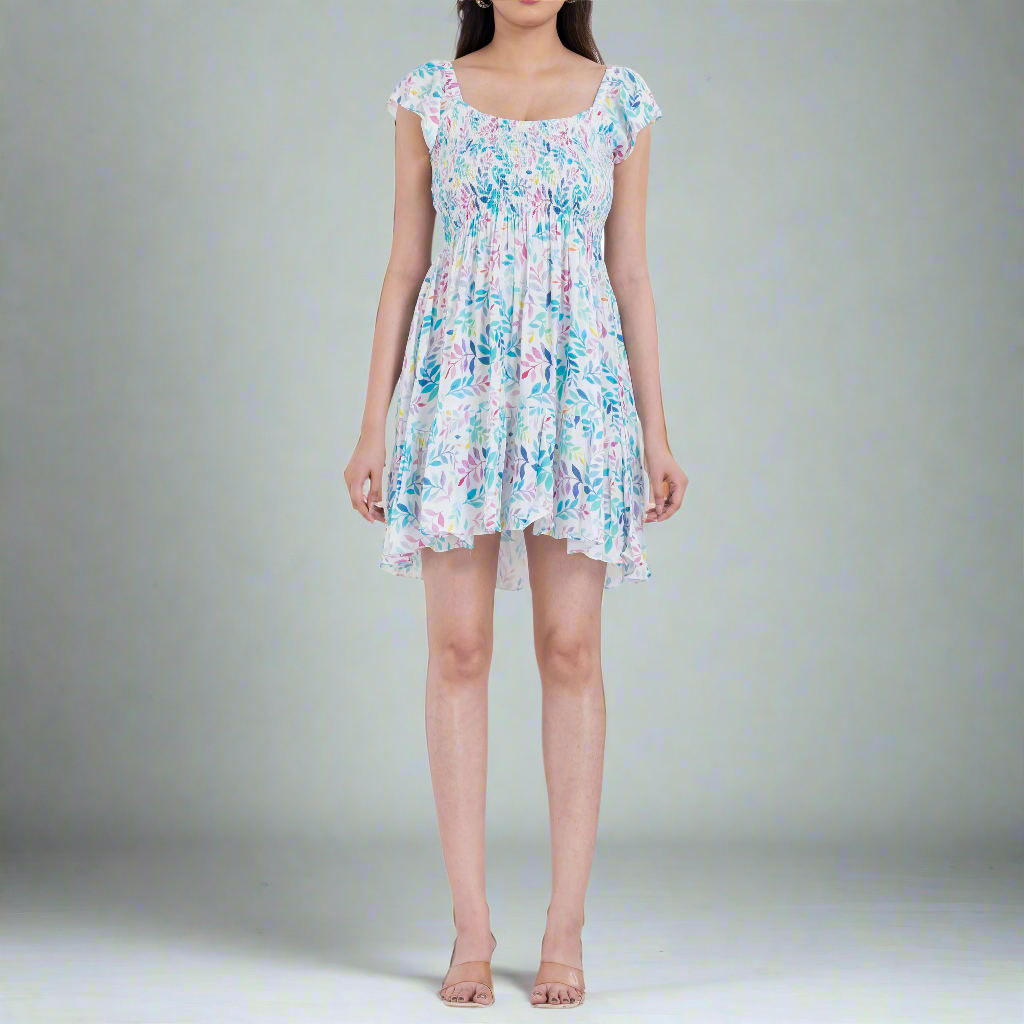 Floral smocked A-line mini dress with ruffle sleeves