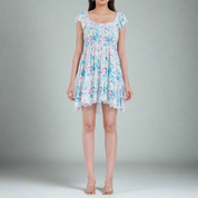 Floral smocked A-line mini dress with ruffle sleeves