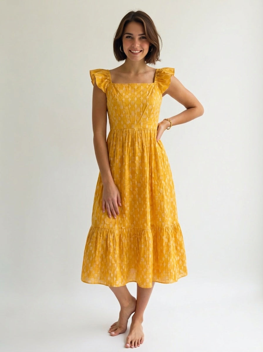 Feminine cotton midi dress with ruffle sleeves