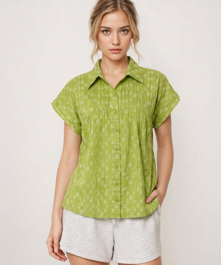 Relaxed flared cotton dobby top-shirt for women