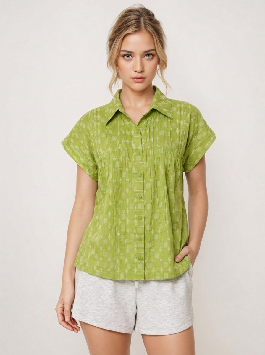 Relaxed flared cotton dobby top-shirt for women