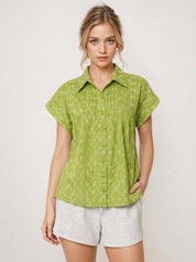 Relaxed flared cotton dobby top-shirt for women
