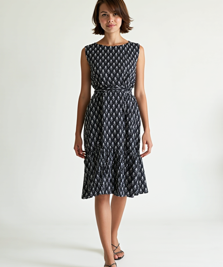 Close-up of the tiered skirt and adjustable tie waist on a floral printed midi dress, highlighting the flowy, feminine style.